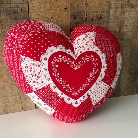Vintage Red and White Heart Patchwork Fabric Pillow - Picture 2 of 5